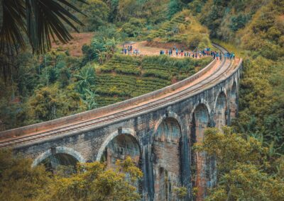 A group of people walking across a train bridge near the jungle